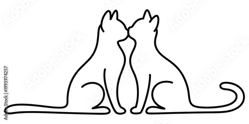 A beautiful minimalist line art illustration of two cats sitting together and touching their noses in a soft kiss Vector, illustration