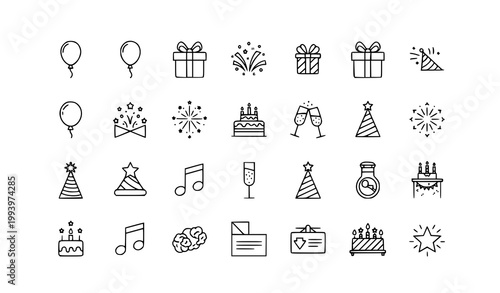 Birthday and celebration icon collection with hand drawn gift box party popper birthday celebration