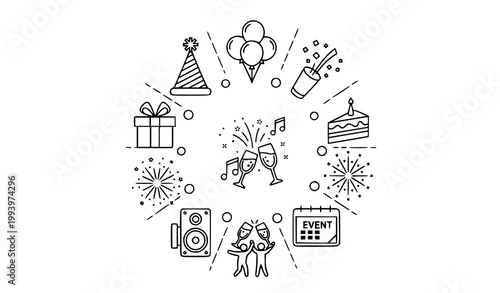 Circular party and celebration graphic design with hand drawn gift box party popper celebration circular