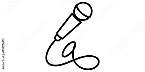 A simple black and white line drawing of a classic handheld vocal microphone with a long cord curled underneath. Vector, illustration