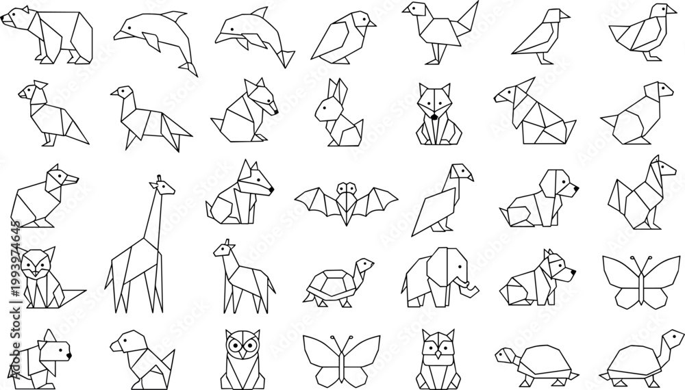 Fototapeta premium Origami Animal Collection: Bears, Birds, Turtles, and More in Simple Line Art