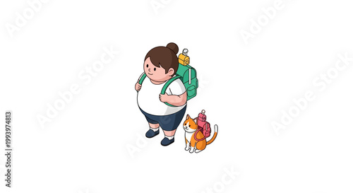 Cartoon depiction of a young girl with a backpack and her cat companion.