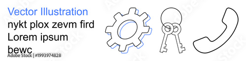 Technology, security, communication, usability, system functionality, connectivity. Minimalist gear, two keys and a phone outlined in black. Technology and security concept