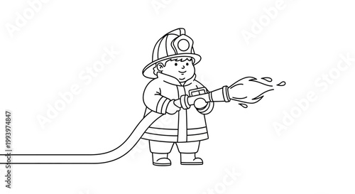 Cartoon Firefighter with a Water Hose Ready for Action.