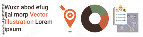 Business strategy, data visualization, analytics, project management, market insights, teamwork. Circular chart, checklist and map pin graphic. Data visualization and business strategy concept