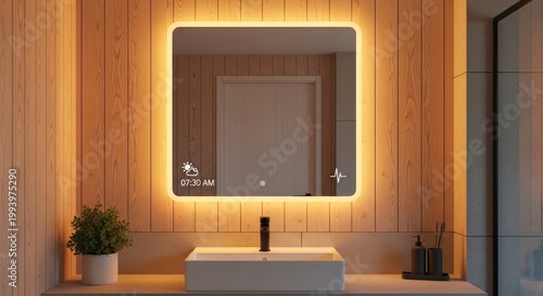 Modern Illuminated Bathroom Mirror with Smart Features.