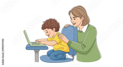 An illustration of a young boy joyfully typing on a laptop during Take Our Daughters and Sons to Work Day, as his mother supports him with a comforting hand on his back, against a clean