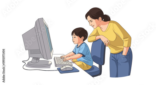 During Take Our Daughters and Sons to Work Day, a young boy types on a computer keyboard while his mother stands smiling behind him in a brightly lit illustration against a clean white