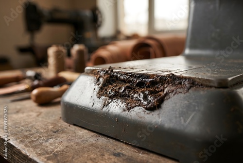 Macro close-up of a leather skiving machine base with coagulated edge paint and dust paste