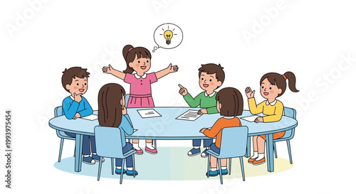 At Take Our Daughters and Sons to Work Day, a smiling young girl cheerfully leads a presentation to a group of attentive children around a blue oval table, with a lightbulb graphic implying
