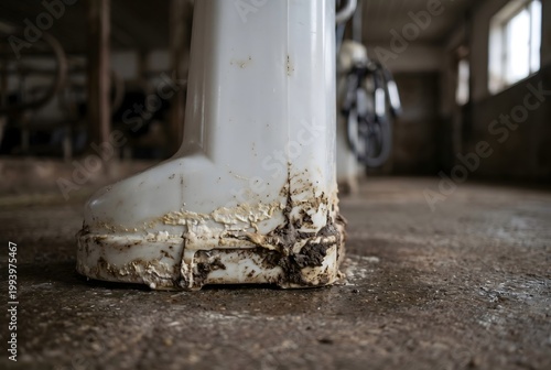 Macro close-up of a milking machine manifold base accumulated with dried milk fats and mud