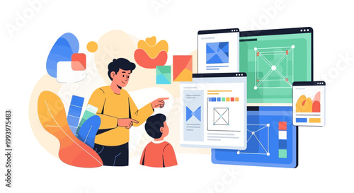 During Take Our Daughters and Sons to Work Day, a father shows his child website designs on floating screens in a flat illustration with vibrant colors and a clean white background