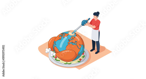 Chef carving a globe-shaped turkey, symbolizing global issues.