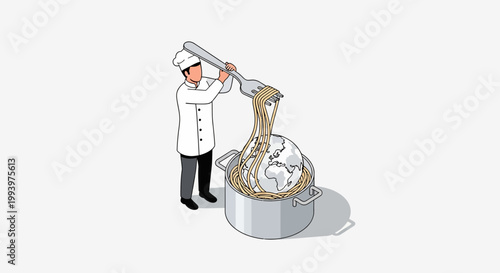 Chef stirring large pot of food with oversized spoon.