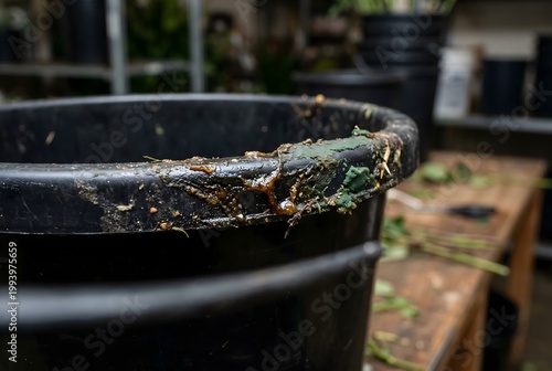 Macro close-up of a floral bucket rim hardened with sticky plant sap and foam paste