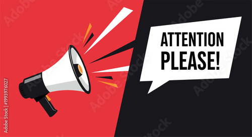 Megaphone announcement with attention please speech bubble bold marketing banner communication concept modern flat vector illustration