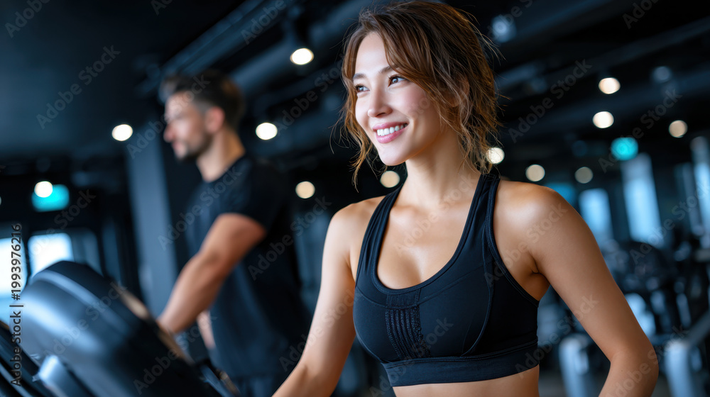 Fototapeta premium Smiling Japanese woman training on exercise machine in gym, athletic woman smiling in fitness center, indoor workout, modern gym, active lifestyle