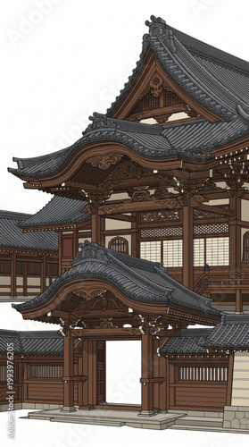 Traditional Japanese temple architecture with wooden pagodas and tiled roofs
