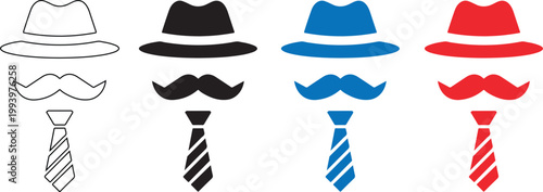 Collection of hats mustaches ties and bow ties in various colors