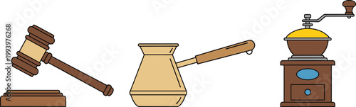 Vector Set of Wooden Gavel, Turkish Coffee Pot, and Coffee Grinder Icons for Legal, Culinary, and Vintage Kitchen Designs