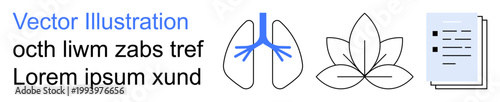 Healthcare, meditation, wellness programs, respiratory health, medical documentation, mindfulness. Symbols of lungs, lotus flower and documents. Healthcare and meditation concepts