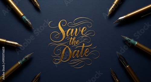 Elegant Save the Date Calligraphy with Golden Pens on Dark Background.