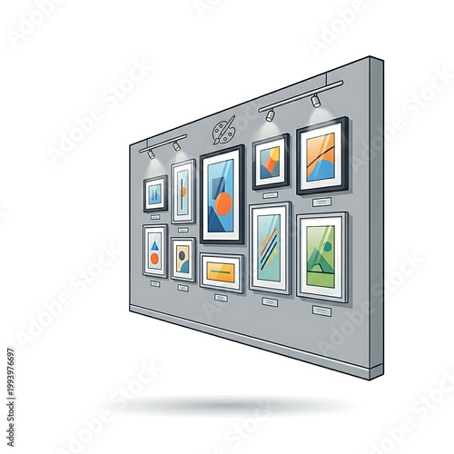 Art gallery wall with framed pictures and spotlights illustration