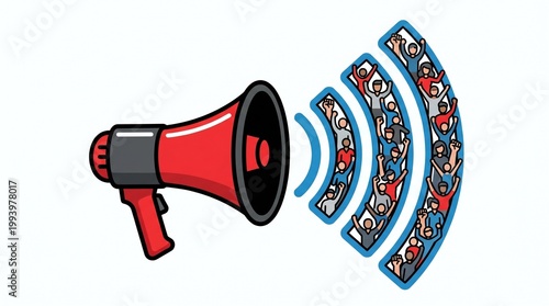 Single object clipart illustration of May Day (International Workers’ Day) featuring a megaphone emitting sound waves shaped like abstract people icons, symbolizing collective voice of workers