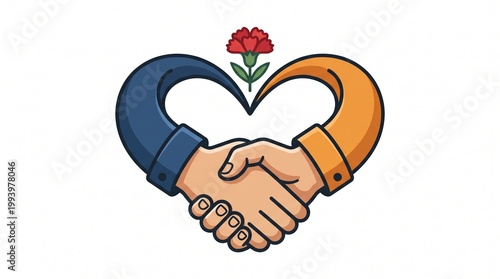 Single object clipart illustration of May Day (International Workers’ Day) featuring a handshake forming a heart shape above it