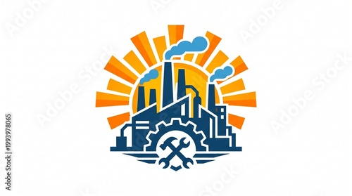 Single object clipart illustration of May Day (International Workers’ Day) featuring a stylized factory silhouette with rising sun behind it