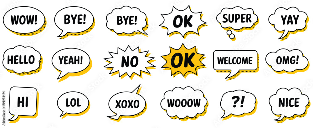 Fototapeta premium Speech bubbles collection, comic style chat shapes with short expressions and words, pop art elements for communication and messaging design, dialogue balloons, text frames, creative typography