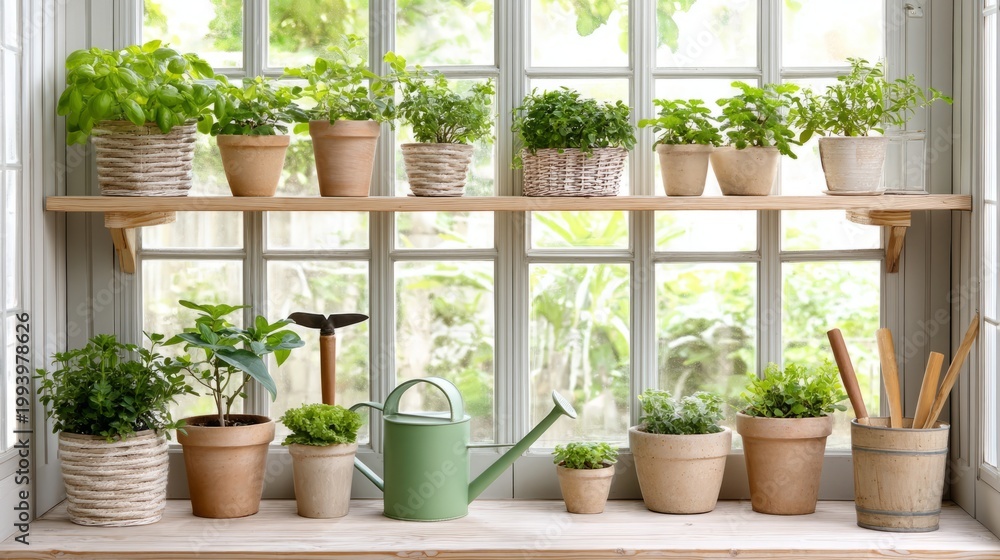 Fototapeta premium Cozy Indoor Plant Nursery with Shelves of Potted Plants and Garden Tools