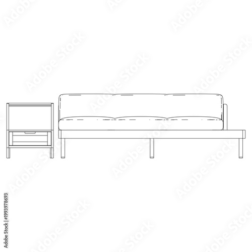 Front view of daybed with side table in clean outline style, showcasing modern lounging furniture with simple design.