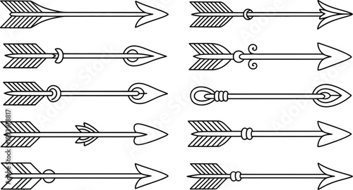 Collection of ten different stylized arrow designs with decorative elements and fletching illustrations