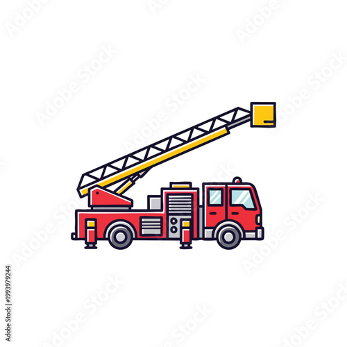 Cartoon Style Fire Truck Illustration with Extending Ladder.