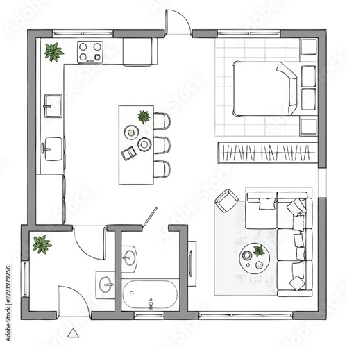 Conceive spacious living quarters with this detailed overhead architectural blueprint illustrating a one bedroom apartment layout featuring an open concept kitchen and dining area adjacent to