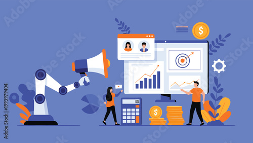 Digital marketing and business automation concept with a robotic arm holding a megaphone next to a data analysis screen and people.