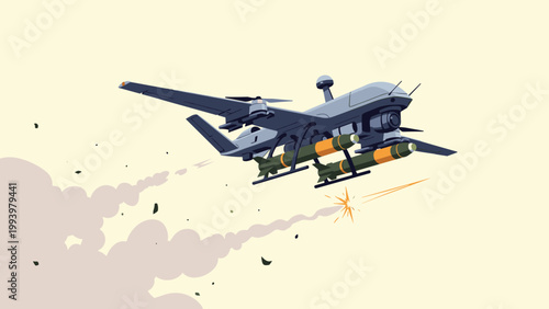 Advanced military drone aircraft flying through the sky and firing missiles with smoke trails trailing behind in a desert environment.