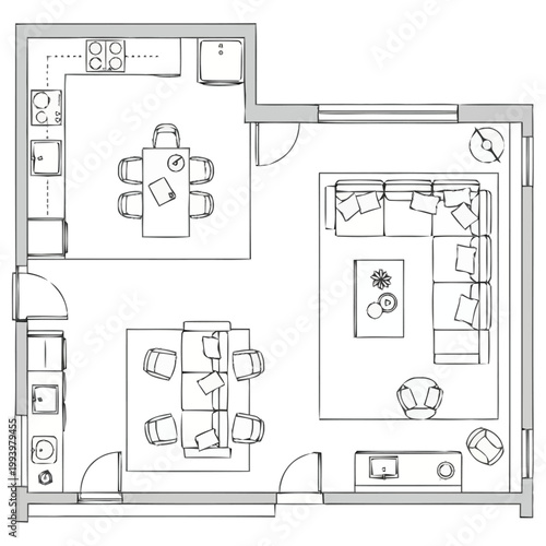 Aerial view floor plan layout of a furnished residential apartment featuring an open concept living area dining space and a well equipped kitchen and providing a clear top down perspective for