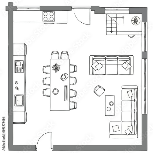 Top view architectural floor plan layout depicting an open concept living area with spacious dining room comfortable seating arrangement and a functional kitchen space ideal for residential
