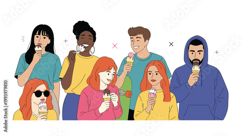 Diverse group of young friends standing together and enjoying ice cream cones while smiling and laughing outdoors.