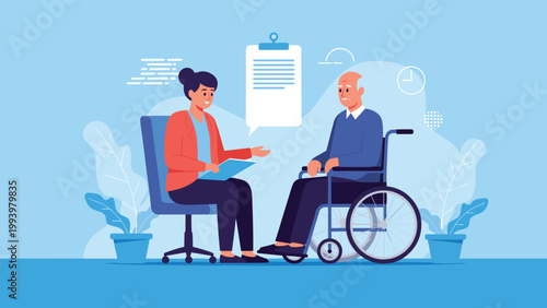 Compassionate healthcare worker talking to an elderly man in a wheelchair while taking notes in a blue room with plants.