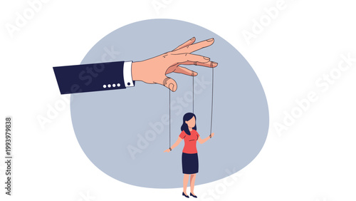 Conceptual illustration of a giant hand in a suit manipulating a woman like a puppet with strings from above.