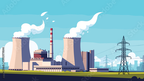 Large industrial nuclear power plant with cooling towers and smoke stacks against a clear blue sky with power lines.