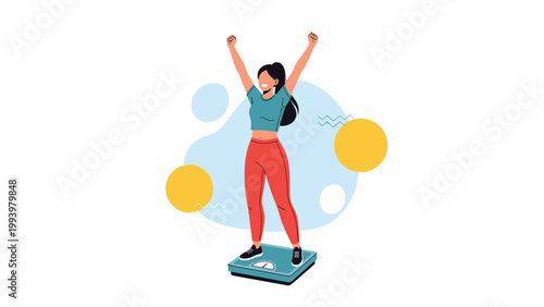Happy woman celebrating her weight loss by raising her arms while standing on a scale against a soft abstract background.