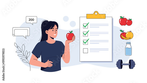 Health-conscious woman tracking her diet with a checklist while holding an apple near exercise equipment and fruit.