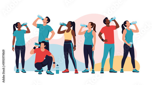 Group of diverse athletic people in sportswear standing and drinking water from bottles to stay hydrated.