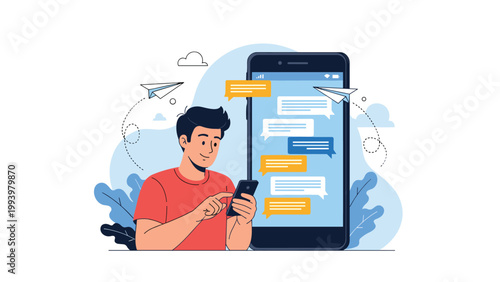Happy young man using a smartphone for messaging with large speech bubbles and paper planes in the background.