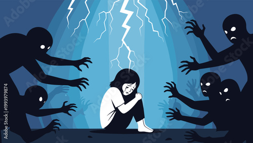 Fearful young girl sitting on the floor surrounded by scary dark shadow figures and lightning representing anxiety.