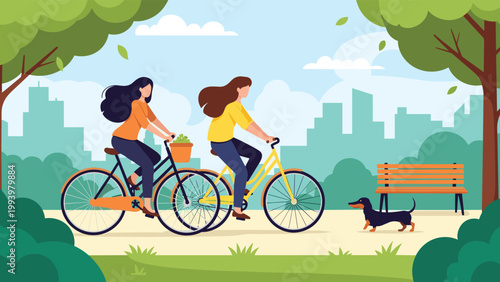 Two young women riding bicycles together on a path in a sunny city park with trees, a bench, and a dog nearby.